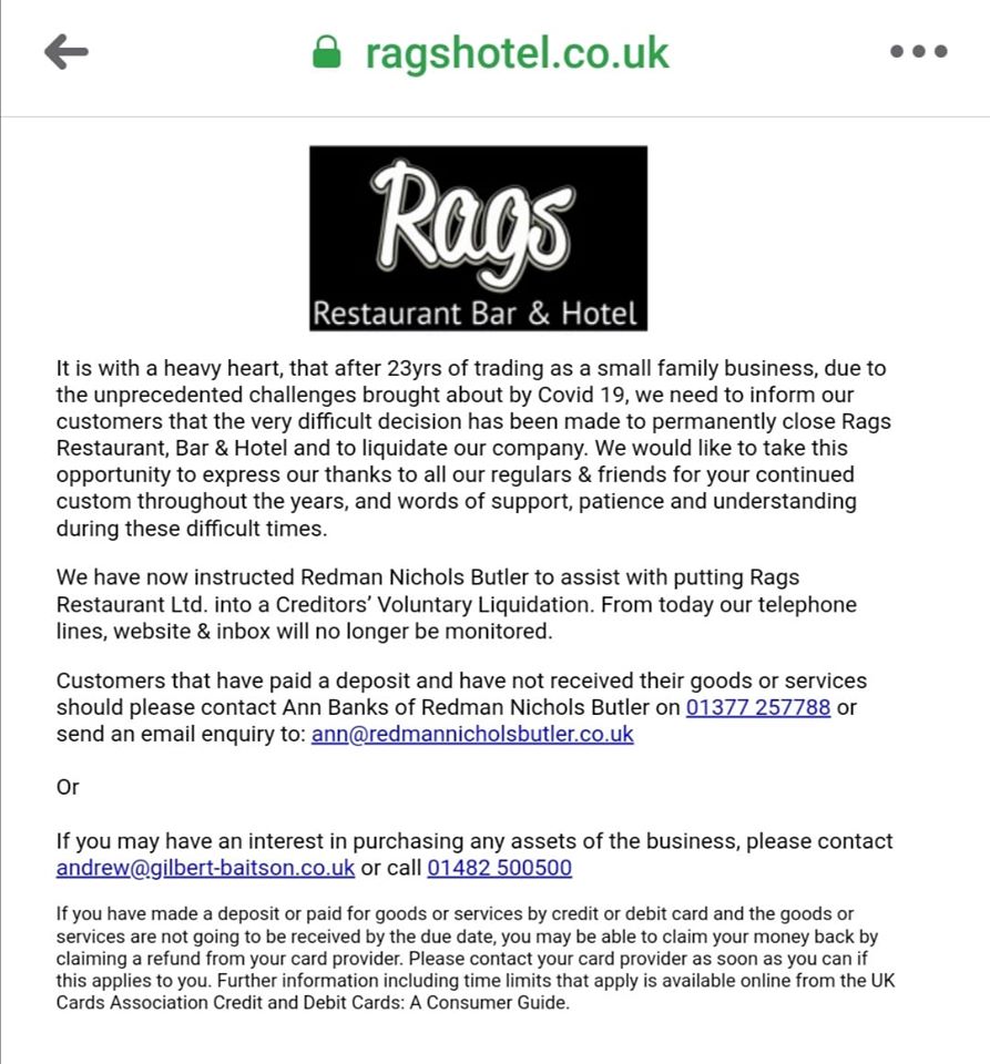 Rags Restaurant announces closure due to covid-19 pandemic 2